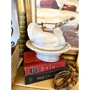 Mosser Glass Slag Marble Turkey on Basket Lacey Base Covered Dish 8 Inch USA Mad